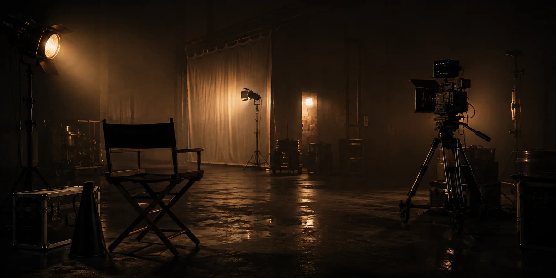 Set de rodaje con silla de director, cámara y focos — Portfolio de Pandemia Films