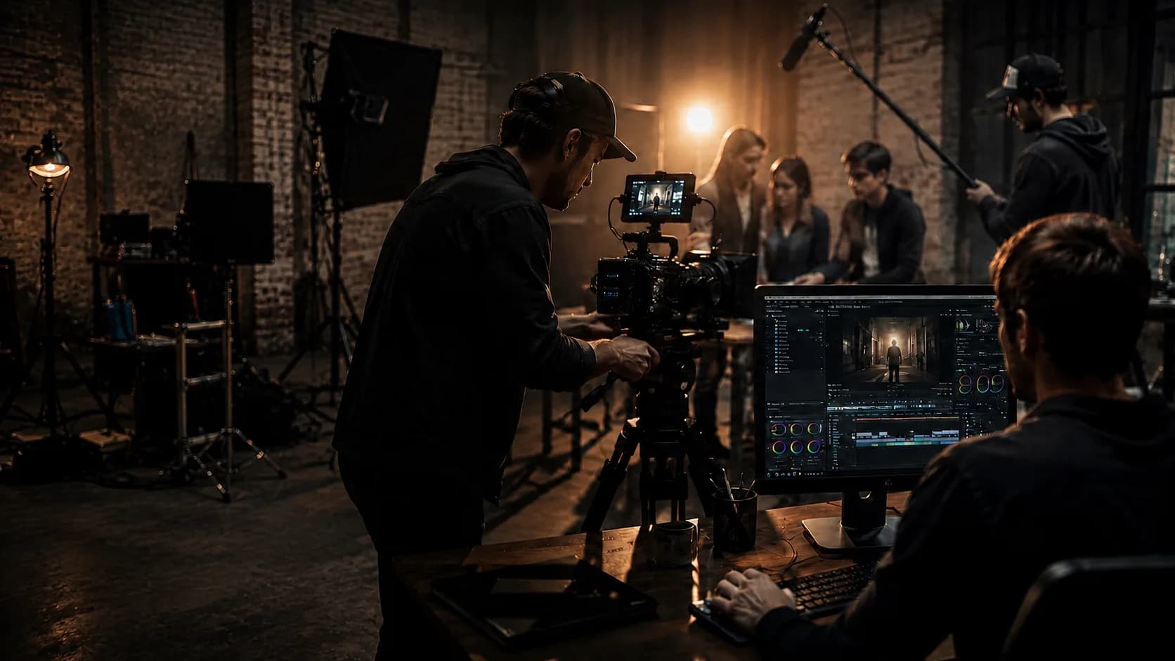 Equipo de rodaje en plató grabando y editando en la formación Aprende Produciendo