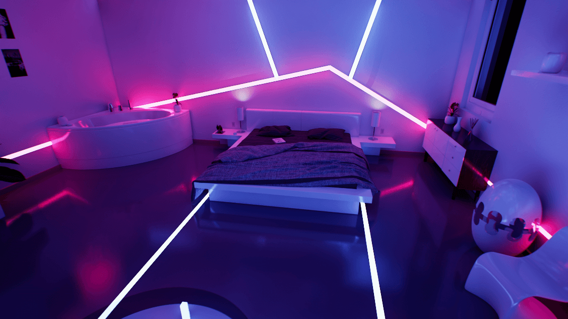 Pandemia Films — Proyecto audiovisual "Interior Arquitectura Dormitorio Neon – Diseño 3D, 4K –"