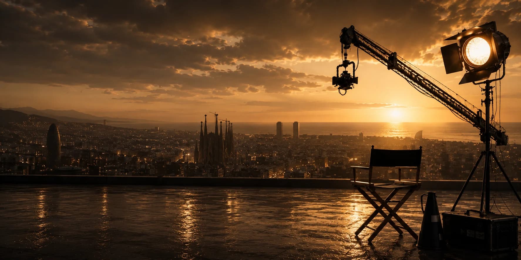 Rodaje en azotea con grúa de cámara sobre el skyline de Barcelona al atardecer — Servicios de Pandemia Films